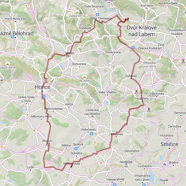 Mapa miniatúra "Upršenec po hrázi Labe" cyklistická inšpirácia v Severovýchod, Czech Republic. Vygenerované cyklistickým plánovačom trás Tarmacs.app