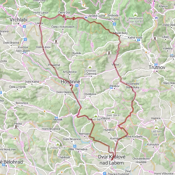Miniaturní mapa "Gravel Trasa od Dvora Králové nad Labem" inspirace pro cyklisty v oblasti Severovýchod, Czech Republic. Vytvořeno pomocí plánovače tras Tarmacs.app
