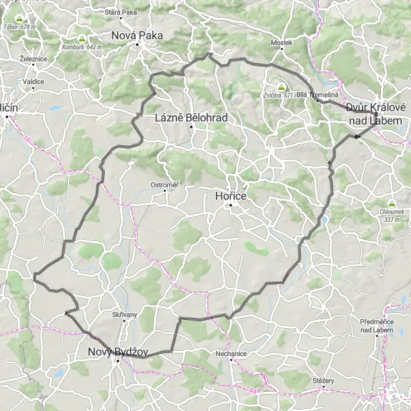 Karten-Miniaturansicht der Radinspiration "Rundtour von Dvůr Králové nad Labem (Nordosten)" in Severovýchod, Czech Republic. Erstellt vom Tarmacs.app-Routenplaner für Radtouren