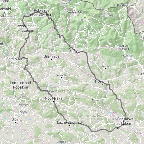 Karten-Miniaturansicht der Radinspiration "Straßentour von Dvůr Králové nad Labem (Nordosten)" in Severovýchod, Czech Republic. Erstellt vom Tarmacs.app-Routenplaner für Radtouren