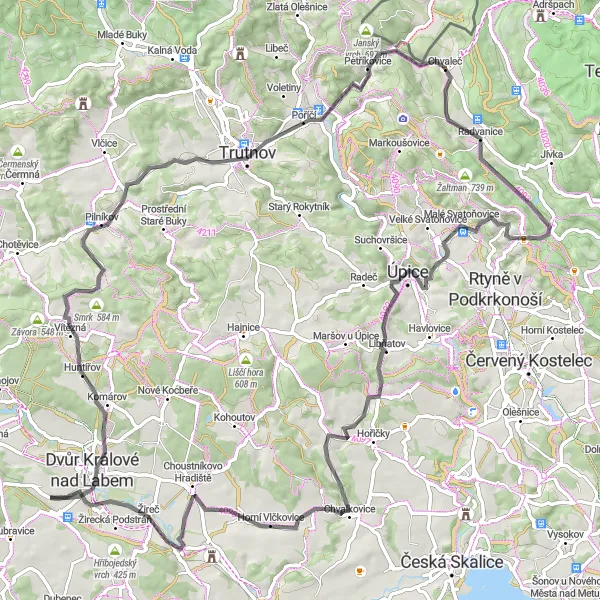 Map miniature of "The Hillside Route" cycling inspiration in Severovýchod, Czech Republic. Generated by Tarmacs.app cycling route planner