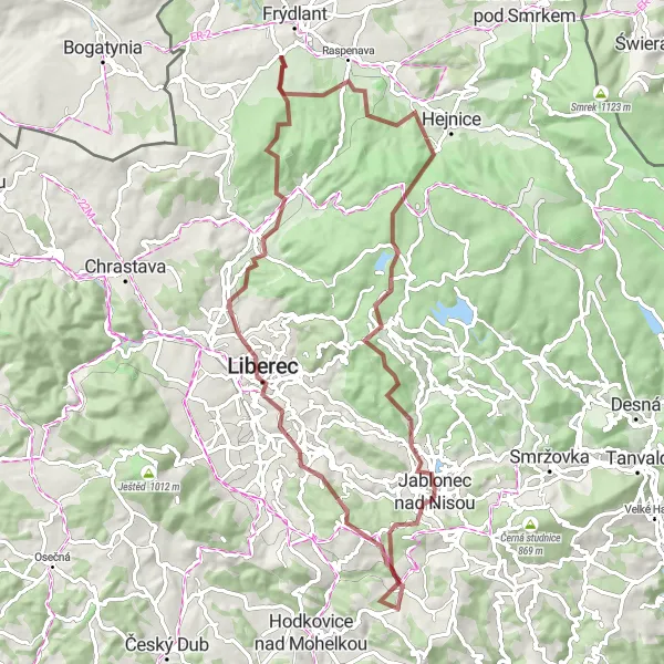 Miniaturní mapa "Gravelová cesta plná přírodních krás: Liberec a okolí" inspirace pro cyklisty v oblasti Severovýchod, Czech Republic. Vytvořeno pomocí plánovače tras Tarmacs.app