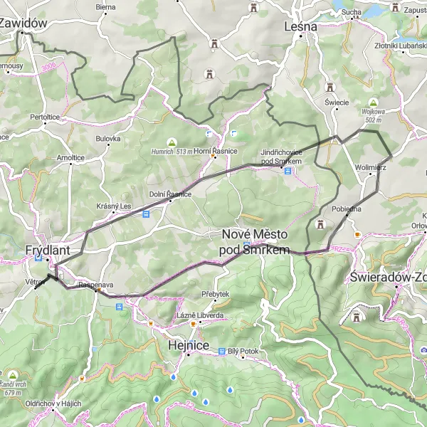 Miniaturní mapa "Okružní trasu s výhledem na Frýdlant a Kątnu Górę" inspirace pro cyklisty v oblasti Severovýchod, Czech Republic. Vytvořeno pomocí plánovače tras Tarmacs.app