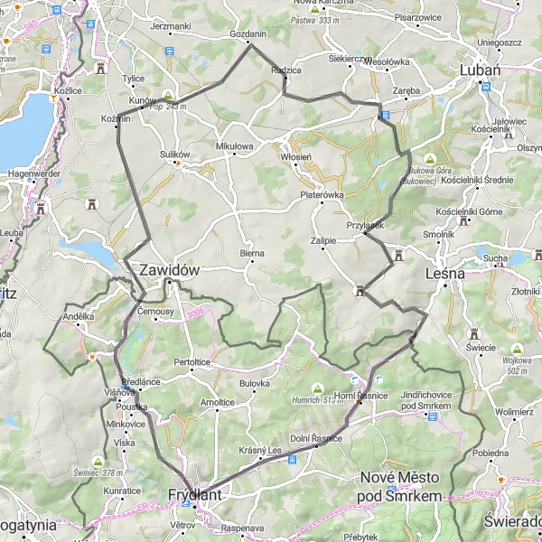 Miniaturní mapa "Okolím Frýdlantu: Pohanské kameny a starobylé vesnice" inspirace pro cyklisty v oblasti Severovýchod, Czech Republic. Vytvořeno pomocí plánovače tras Tarmacs.app