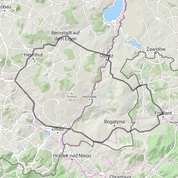 Mapa miniatúra "Významné cyklotrasy okolo Frýdlantu" cyklistická inšpirácia v Severovýchod, Czech Republic. Vygenerované cyklistickým plánovačom trás Tarmacs.app