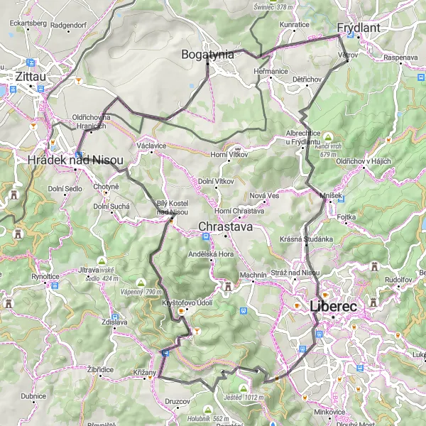 Mapa miniatúra "Okruh kolem Frýdlantu: Hory a památky" cyklistická inšpirácia v Severovýchod, Czech Republic. Vygenerované cyklistickým plánovačom trás Tarmacs.app