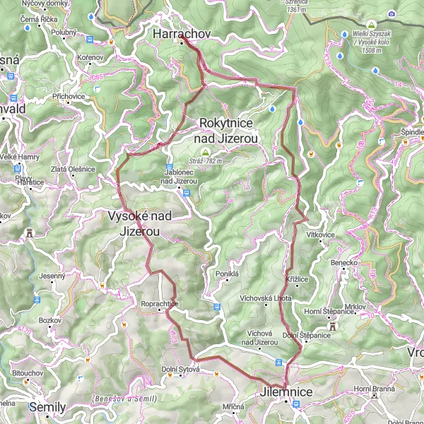 Miniaturní mapa "Gravelová jízda po okolí Harrachova" inspirace pro cyklisty v oblasti Severovýchod, Czech Republic. Vytvořeno pomocí plánovače tras Tarmacs.app