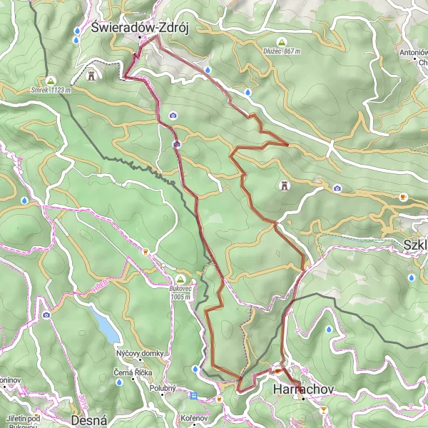 Mapa miniatúra "Gravel Harrachov - Hřebínek" cyklistická inšpirácia v Severovýchod, Czech Republic. Vygenerované cyklistickým plánovačom trás Tarmacs.app