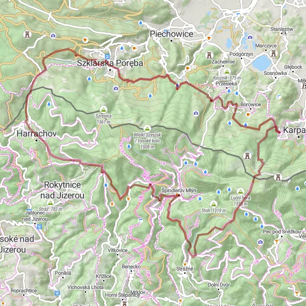 Mapa miniatúra "Ultimate Gravel Challenge" cyklistická inšpirácia v Severovýchod, Czech Republic. Vygenerované cyklistickým plánovačom trás Tarmacs.app