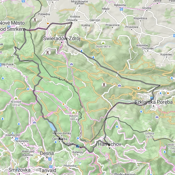 Miniaturní mapa "Unikátní cyklotrasa poblíž Harrachova" inspirace pro cyklisty v oblasti Severovýchod, Czech Republic. Vytvořeno pomocí plánovače tras Tarmacs.app