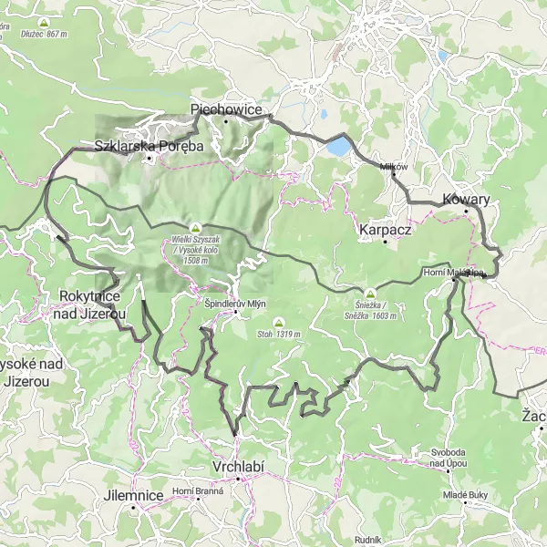 Mapa miniatúra "Road Harrachov - Studená" cyklistická inšpirácia v Severovýchod, Czech Republic. Vygenerované cyklistickým plánovačom trás Tarmacs.app