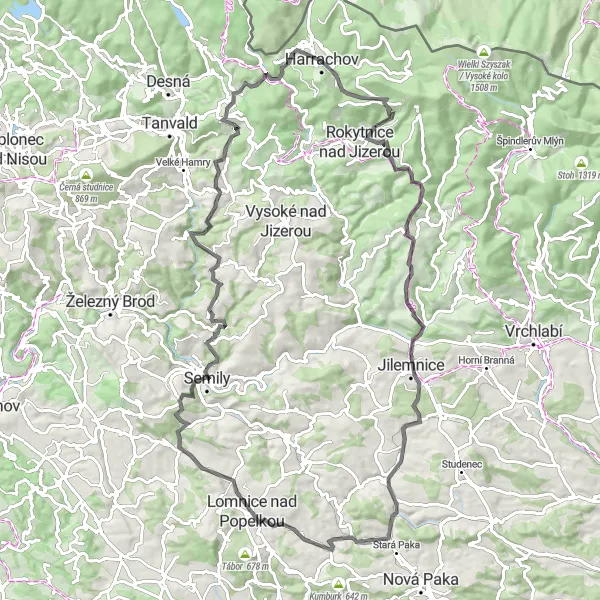 Map miniature of "Harrachov and Surroundings" cycling inspiration in Severovýchod, Czech Republic. Generated by Tarmacs.app cycling route planner