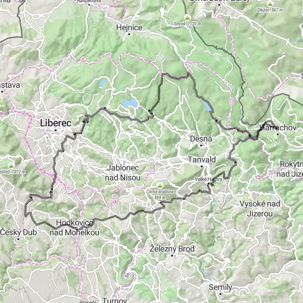Map miniature of "Harrachov Circular Cycling Route" cycling inspiration in Severovýchod, Czech Republic. Generated by Tarmacs.app cycling route planner