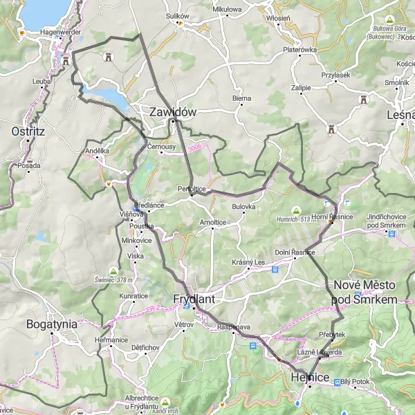 Miniaturní mapa "Trasa Frýdlant" inspirace pro cyklisty v oblasti Severovýchod, Czech Republic. Vytvořeno pomocí plánovače tras Tarmacs.app