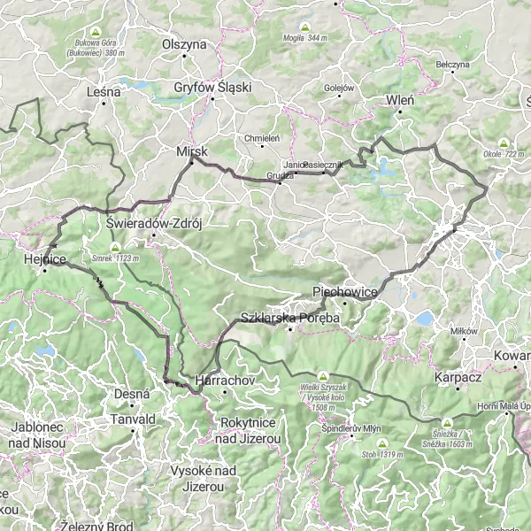 Map miniature of "Challenging Road Cycling: Libverda Adventure" cycling inspiration in Severovýchod, Czech Republic. Generated by Tarmacs.app cycling route planner