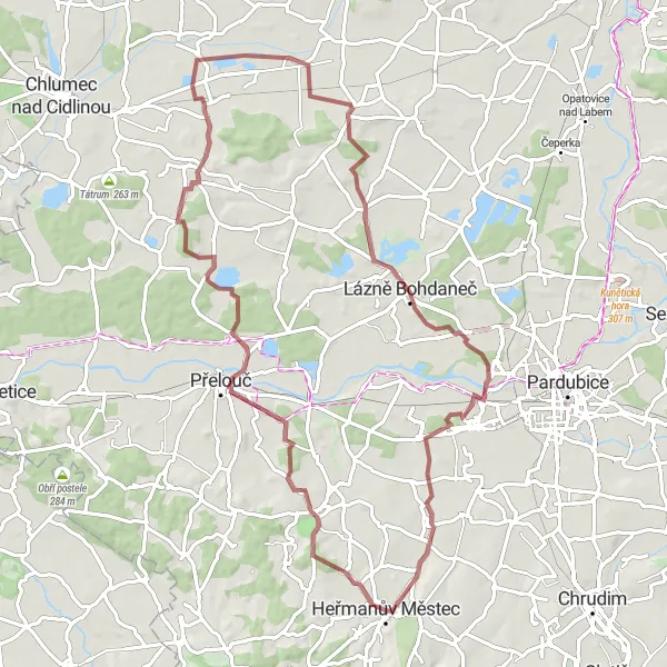Miniaturní mapa "Gravel route through Dolní Raškovice" inspirace pro cyklisty v oblasti Severovýchod, Czech Republic. Vytvořeno pomocí plánovače tras Tarmacs.app