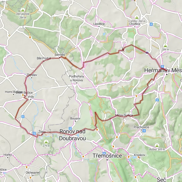 Miniaturní mapa "Scenic gravel ride to Konopáč" inspirace pro cyklisty v oblasti Severovýchod, Czech Republic. Vytvořeno pomocí plánovače tras Tarmacs.app