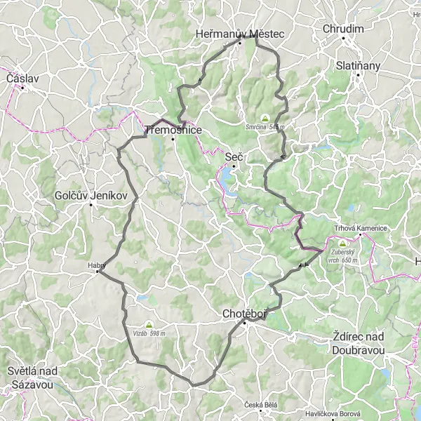 Miniaturní mapa "Okruh kolem Heřmanova Městce" inspirace pro cyklisty v oblasti Severovýchod, Czech Republic. Vytvořeno pomocí plánovače tras Tarmacs.app