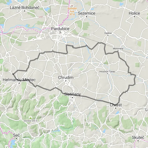 Miniaturní mapa "Cyklovýlet kolem Heřmanova Městce" inspirace pro cyklisty v oblasti Severovýchod, Czech Republic. Vytvořeno pomocí plánovače tras Tarmacs.app