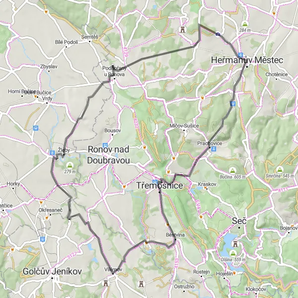 Miniaturní mapa "Půldenní výlet kolem Heřmanova Městce" inspirace pro cyklisty v oblasti Severovýchod, Czech Republic. Vytvořeno pomocí plánovače tras Tarmacs.app