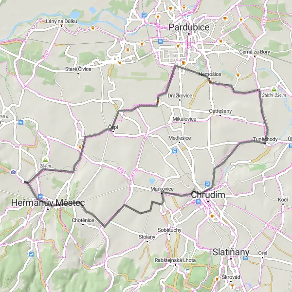 Mapa miniatúra "Trasa přes Tuněchody a Nové Jesenčany" cyklistická inšpirácia v Severovýchod, Czech Republic. Vygenerované cyklistickým plánovačom trás Tarmacs.app