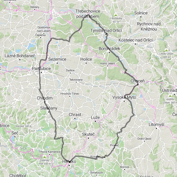 Map miniature of "Hlinsko to Příluka Road Cycling Route" cycling inspiration in Severovýchod, Czech Republic. Generated by Tarmacs.app cycling route planner