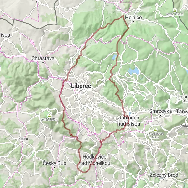 Miniaturní mapa "Extrémní gravelová trasa kolem Jablonce nad Nisou" inspirace pro cyklisty v oblasti Severovýchod, Czech Republic. Vytvořeno pomocí plánovače tras Tarmacs.app