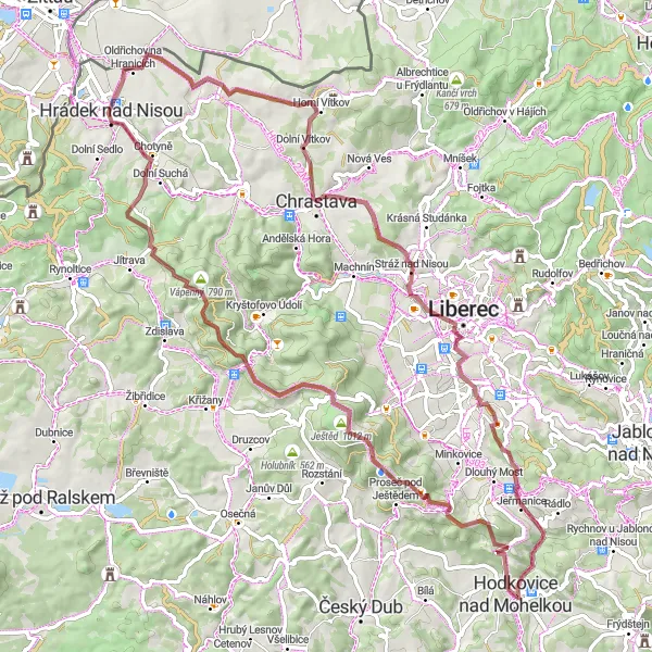 Miniaturní mapa "Gravel Tour around Hodkovice nad Mohelkou" inspirace pro cyklisty v oblasti Severovýchod, Czech Republic. Vytvořeno pomocí plánovače tras Tarmacs.app