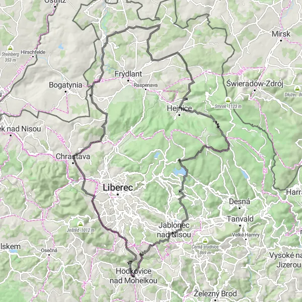 Miniaturní mapa "Náročný cyklistický okruh přes Lázně Libverda" inspirace pro cyklisty v oblasti Severovýchod, Czech Republic. Vytvořeno pomocí plánovače tras Tarmacs.app