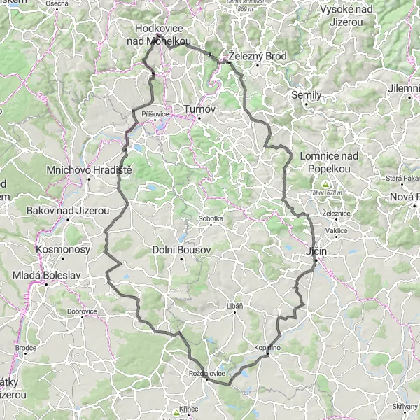 Map miniature of "Challenging Road Cycling Tour near Hodkovice nad Mohelkou" cycling inspiration in Severovýchod, Czech Republic. Generated by Tarmacs.app cycling route planner