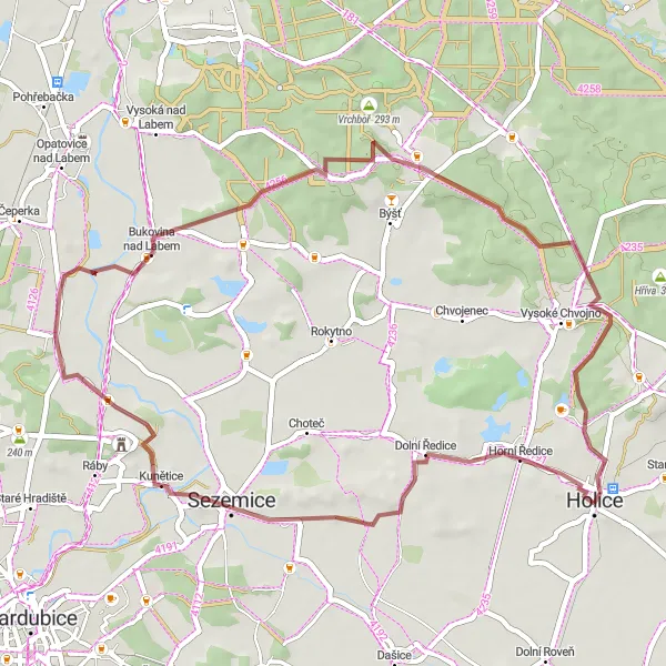 Map miniature of "Gravel Route Around Holice" cycling inspiration in Severovýchod, Czech Republic. Generated by Tarmacs.app cycling route planner