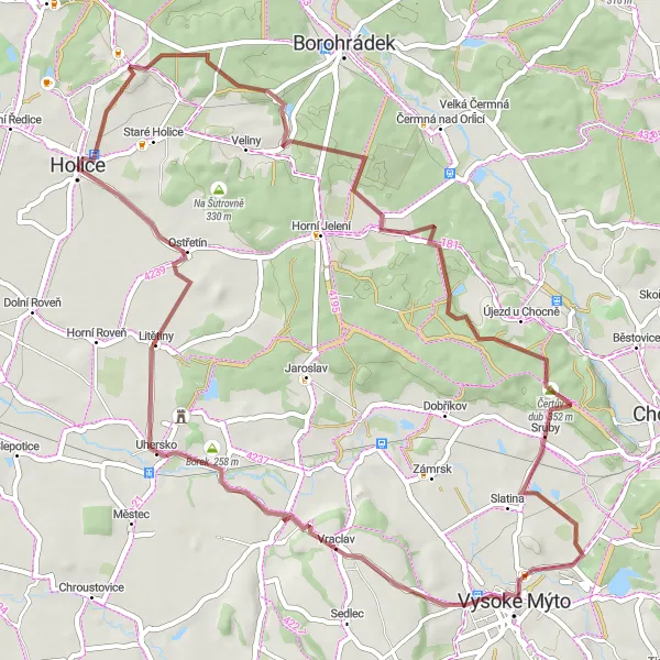 Map miniature of "Discover Charming Villages on a Gravel Ride" cycling inspiration in Severovýchod, Czech Republic. Generated by Tarmacs.app cycling route planner