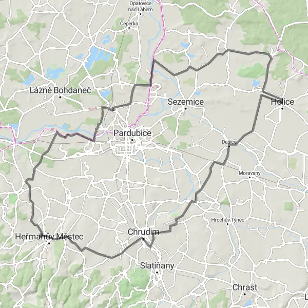 Mapa miniatúra "Cyklotúra po okolí Holice cez malebné dedinky" cyklistická inšpirácia v Severovýchod, Czech Republic. Vygenerované cyklistickým plánovačom trás Tarmacs.app