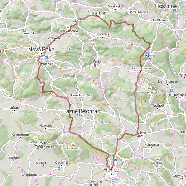 Miniatura mapy "Trasa Gravel w okolicach Hořice" - trasy rowerowej w Severovýchod, Czech Republic. Wygenerowane przez planer tras rowerowych Tarmacs.app