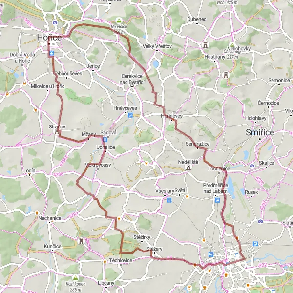 Map miniature of "Hořice Castle Loop" cycling inspiration in Severovýchod, Czech Republic. Generated by Tarmacs.app cycling route planner