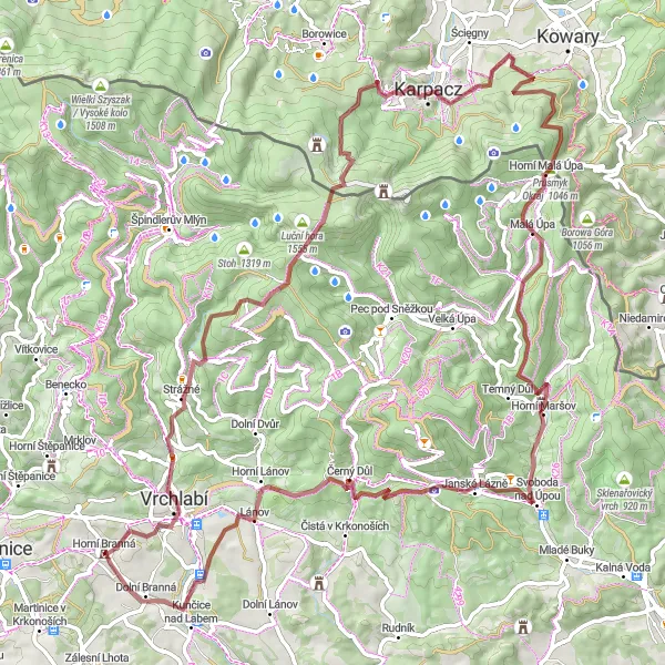 Mapa miniatúra "Expedičná gravelová trasa cez Krkonoše" cyklistická inšpirácia v Severovýchod, Czech Republic. Vygenerované cyklistickým plánovačom trás Tarmacs.app