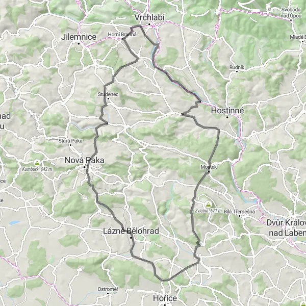 Miniaturní mapa "Okružní cyklistická trasa okolo Horní Branné" inspirace pro cyklisty v oblasti Severovýchod, Czech Republic. Vytvořeno pomocí plánovače tras Tarmacs.app