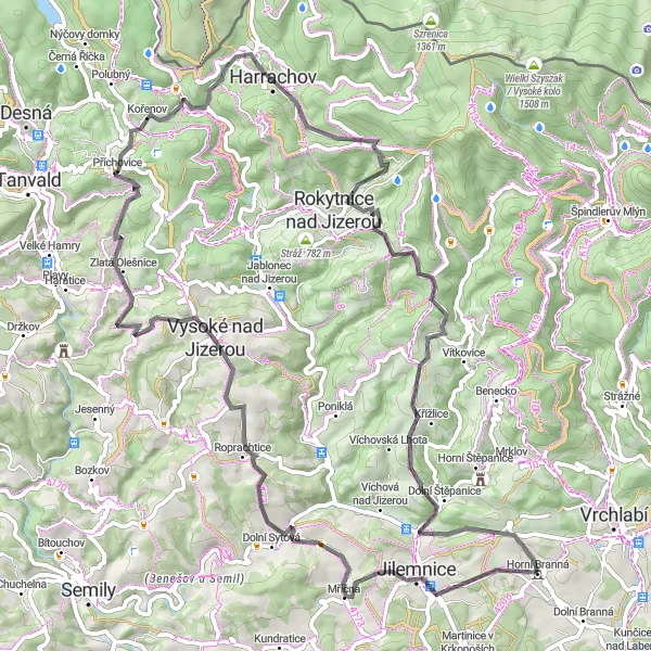 Miniaturní mapa "Okružní trasování kolem Horní Branné na silnici" inspirace pro cyklisty v oblasti Severovýchod, Czech Republic. Vytvořeno pomocí plánovače tras Tarmacs.app