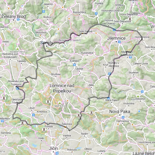 Karten-Miniaturansicht der Radinspiration "Abenteuerliche Straßenfahrt durch die Berge" in Severovýchod, Czech Republic. Erstellt vom Tarmacs.app-Routenplaner für Radtouren