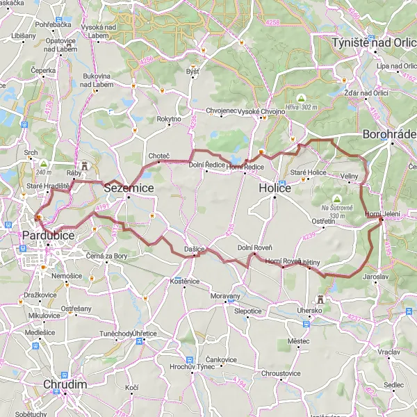 Mapa miniatúra "Gravlová trasfa do Kunětické hory" cyklistická inšpirácia v Severovýchod, Czech Republic. Vygenerované cyklistickým plánovačom trás Tarmacs.app