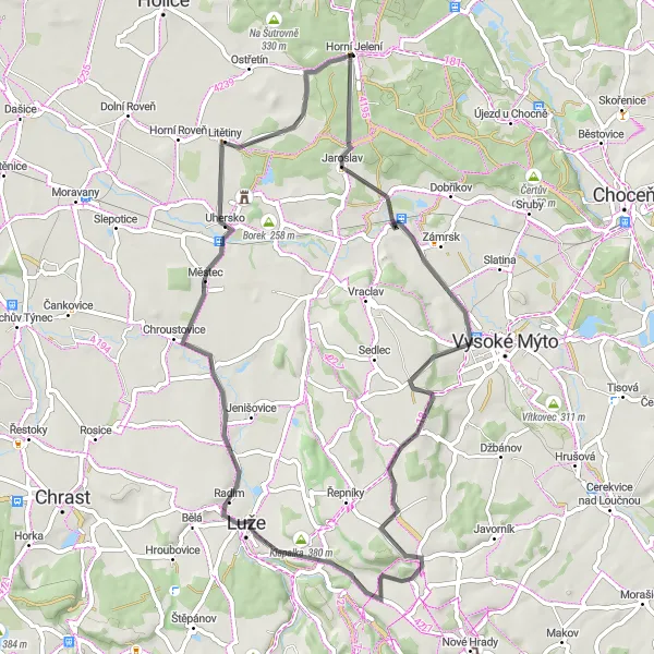 Mapa miniatúra "Road Adventure to Vysoká u Holic" cyklistická inšpirácia v Severovýchod, Czech Republic. Vygenerované cyklistickým plánovačom trás Tarmacs.app