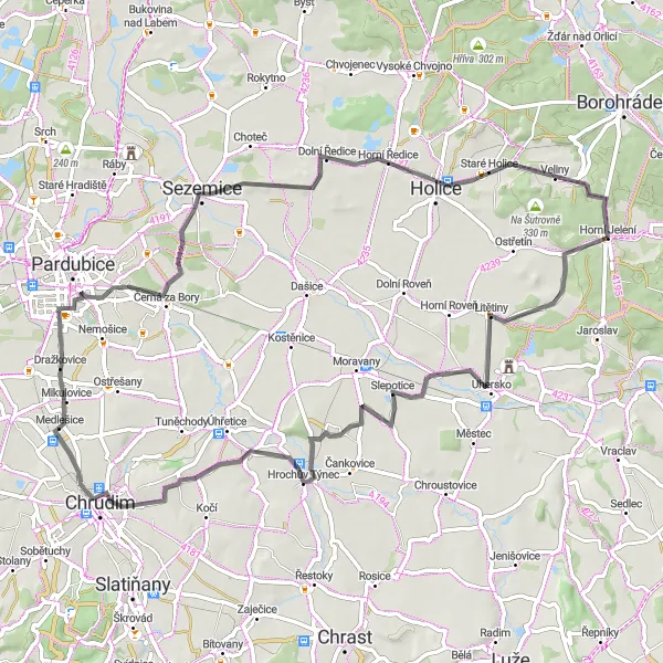 Karten-Miniaturansicht der Radinspiration "Hügelige Radrunde um Horní Jelení" in Severovýchod, Czech Republic. Erstellt vom Tarmacs.app-Routenplaner für Radtouren