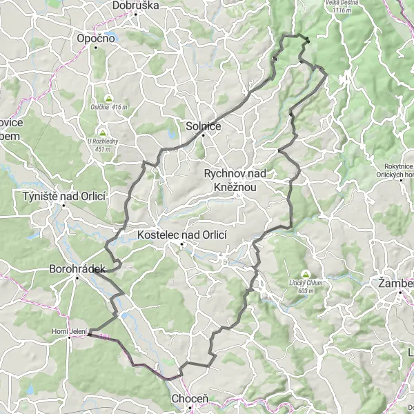Miniaturní mapa "Silniční cyklotrasa Horní Jelení - Dolní Jelení" inspirace pro cyklisty v oblasti Severovýchod, Czech Republic. Vytvořeno pomocí plánovače tras Tarmacs.app