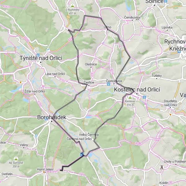 Miniaturní mapa "Cyklotrasa okolo Horního Jelení" inspirace pro cyklisty v oblasti Severovýchod, Czech Republic. Vytvořeno pomocí plánovače tras Tarmacs.app