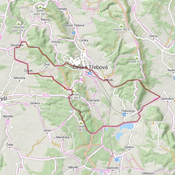 Map miniature of "Gravel Exploration of Eastern Bohemia" cycling inspiration in Severovýchod, Czech Republic. Generated by Tarmacs.app cycling route planner