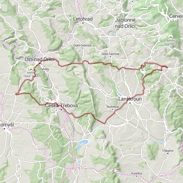 Miniaturní mapa "Zážitkový okruh kolem Horní Sloupnice a okolí" inspirace pro cyklisty v oblasti Severovýchod, Czech Republic. Vytvořeno pomocí plánovače tras Tarmacs.app