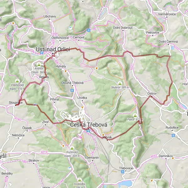 Map miniature of "Stříbrná Gravel Adventure" cycling inspiration in Severovýchod, Czech Republic. Generated by Tarmacs.app cycling route planner