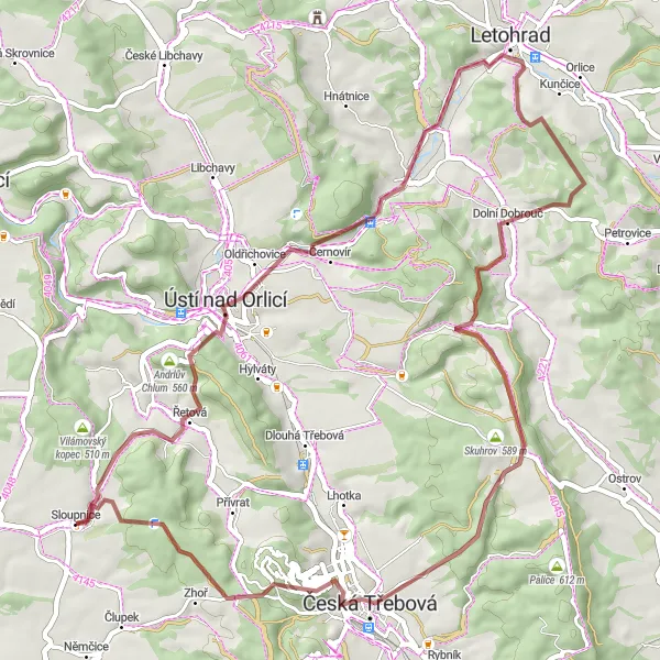 Miniaturní mapa "Cyklistická trasa Sloupnice-Kamenný vrch" inspirace pro cyklisty v oblasti Severovýchod, Czech Republic. Vytvořeno pomocí plánovače tras Tarmacs.app