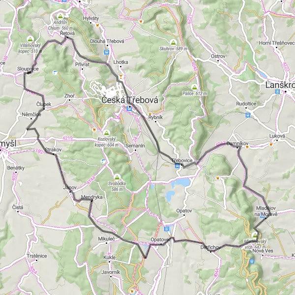 Mapa miniatúra "Cyklistický okruh k Třebovickému sedlu" cyklistická inšpirácia v Severovýchod, Czech Republic. Vygenerované cyklistickým plánovačom trás Tarmacs.app
