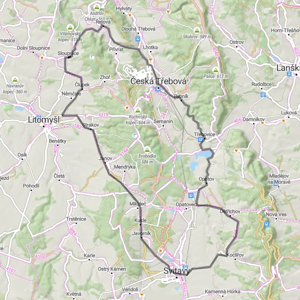 Miniaturní mapa "Okruh kolem Horní Sloupnice a Třebovické hory" inspirace pro cyklisty v oblasti Severovýchod, Czech Republic. Vytvořeno pomocí plánovače tras Tarmacs.app